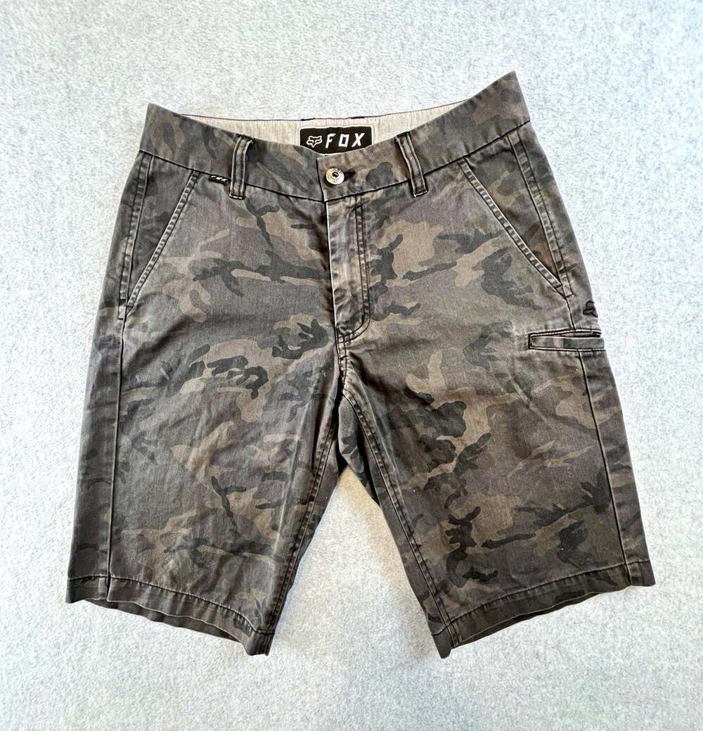 Fox Mens Gray Camouflage Chino Shorts 29 Waist Button Flat Front Pockets